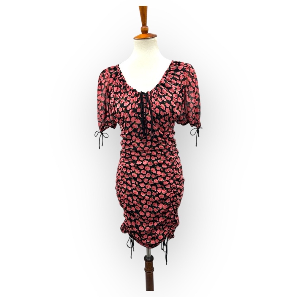 Dress Forum Black Red Short Sleeve Floral Print Drawstring Ruched Dress Small
